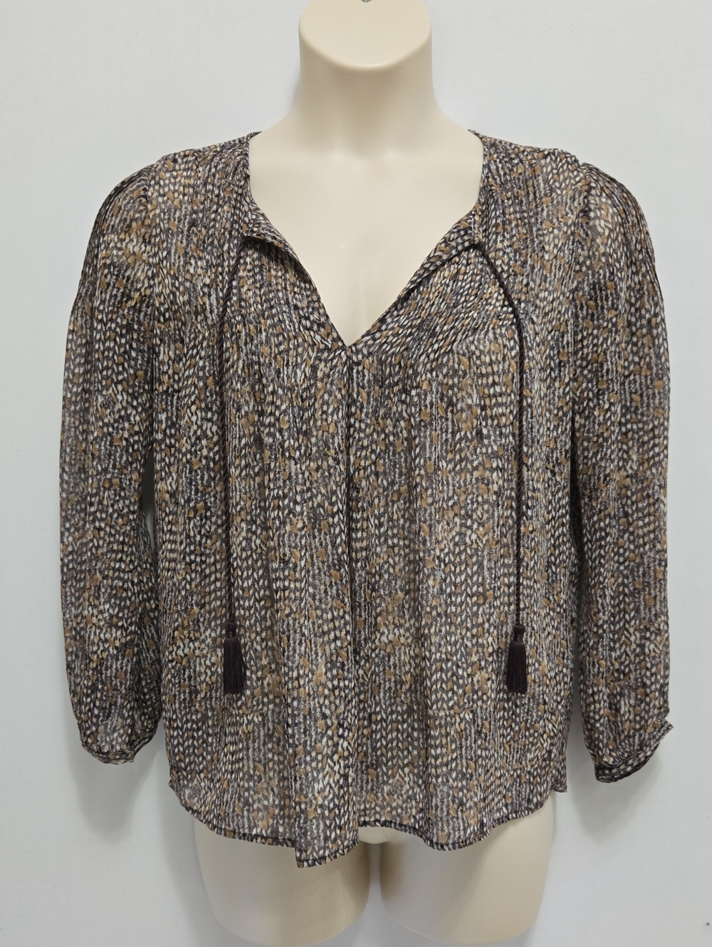 Joie 100% Silk Pintuck Blouse Top Suze S Tie Neck Tassels